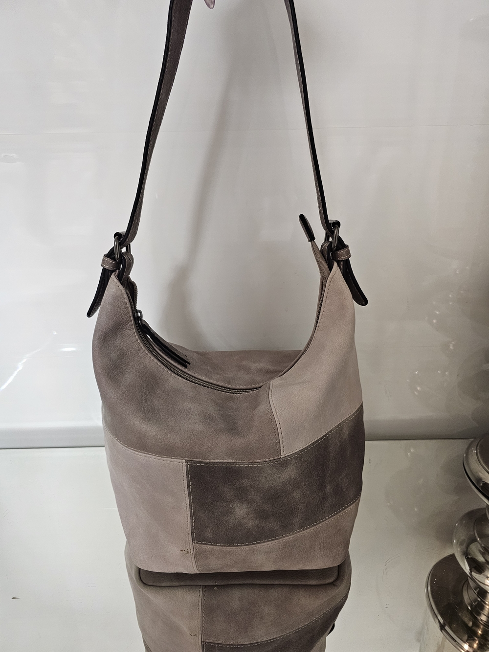 Denver Hayes Taupe Patchwork Suede Hobo